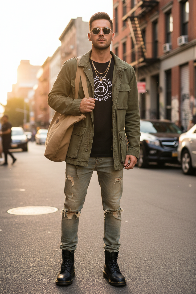 Black alchemist tee with utility jacket