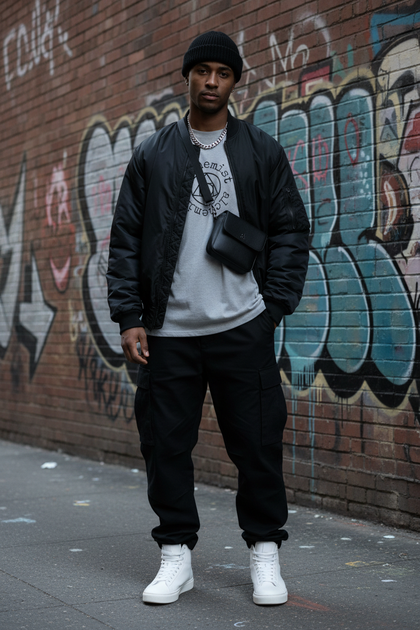 Charcoal alchemist tee with bomber jacket