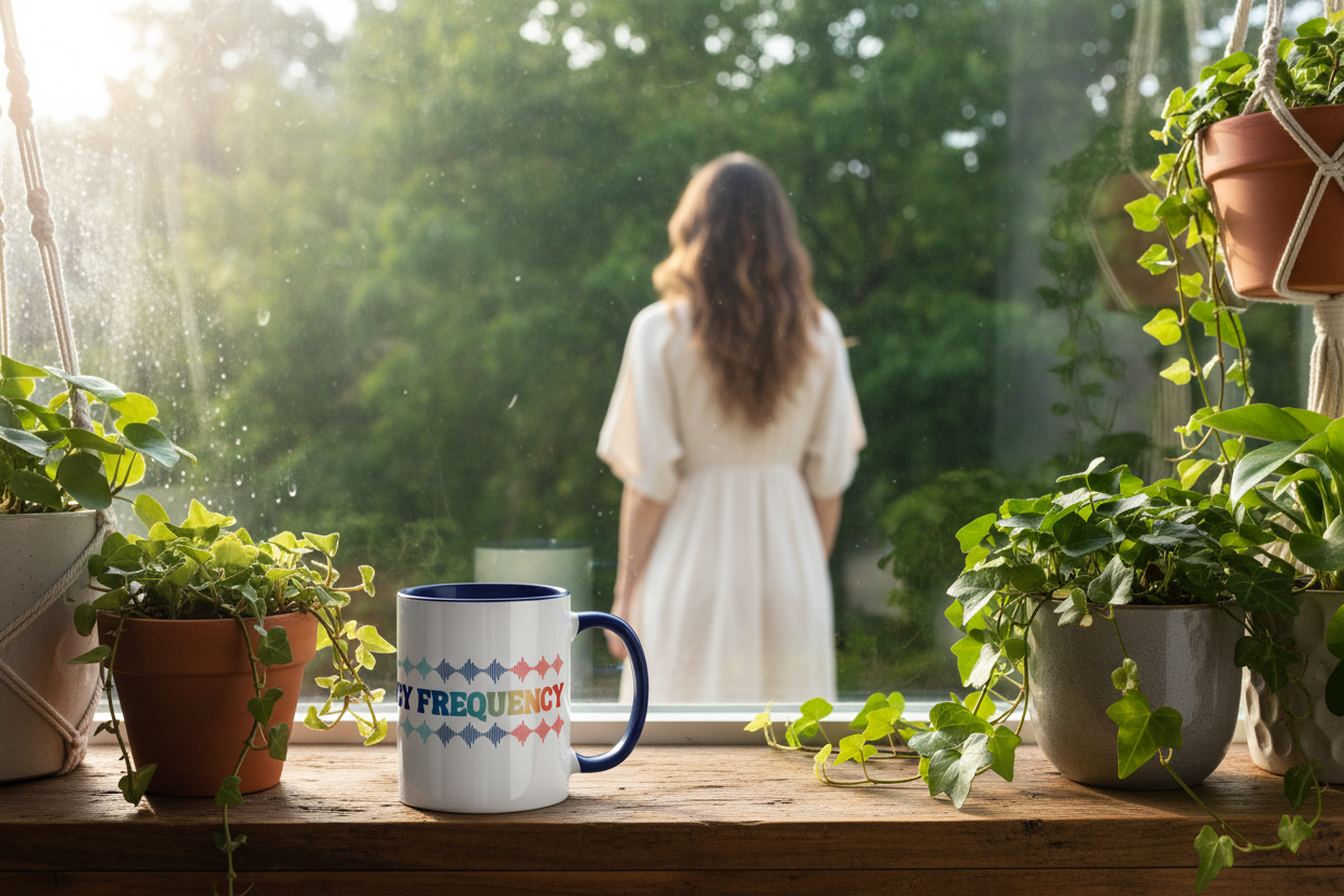 Dark blue mug windowsill moment