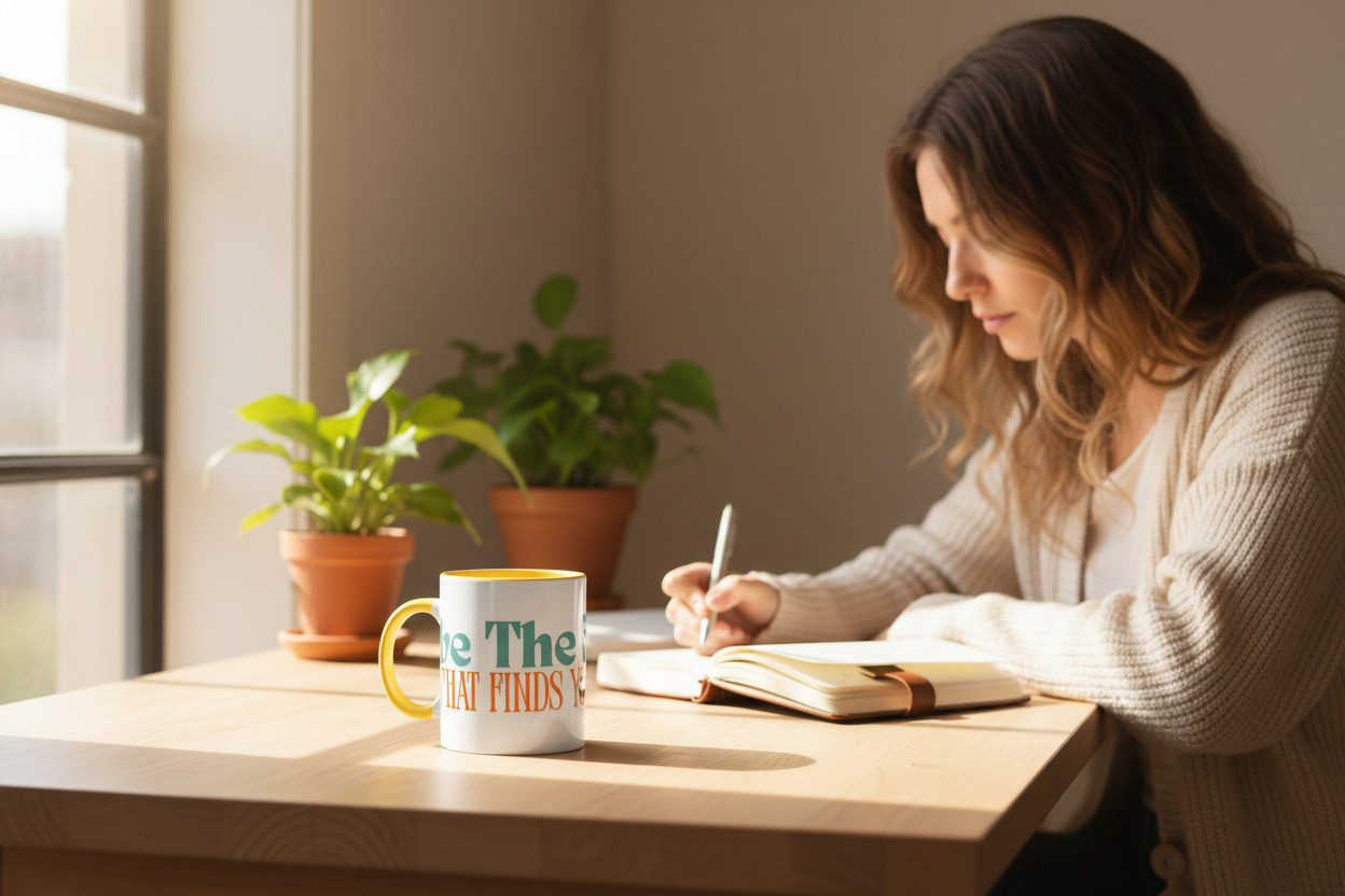 Desk workspace with visible mug