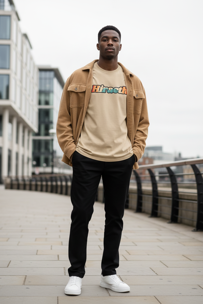 Sand hiraeth tee with corduroy shacket