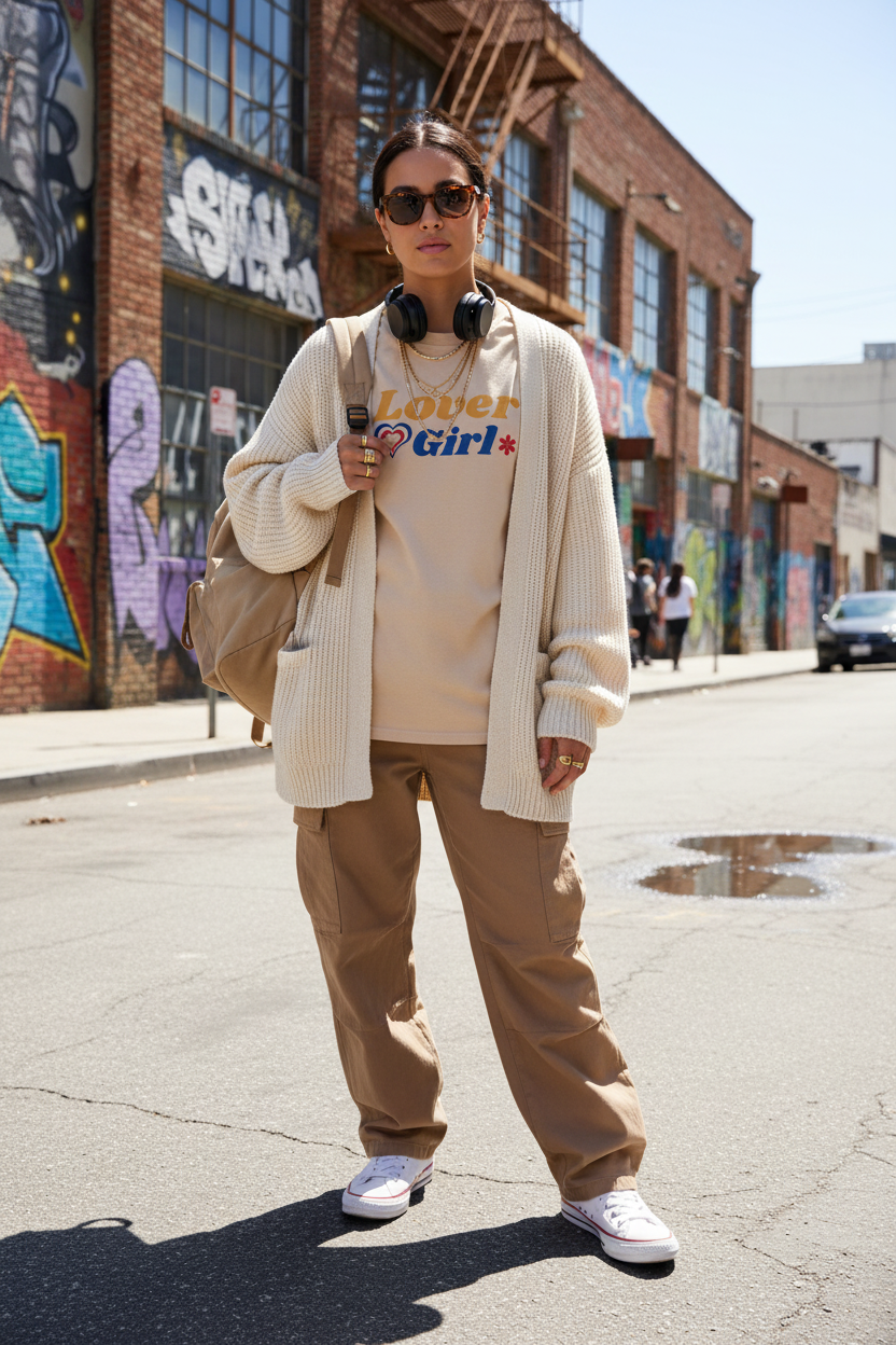 Sand lovergirl tee with knit cardigan