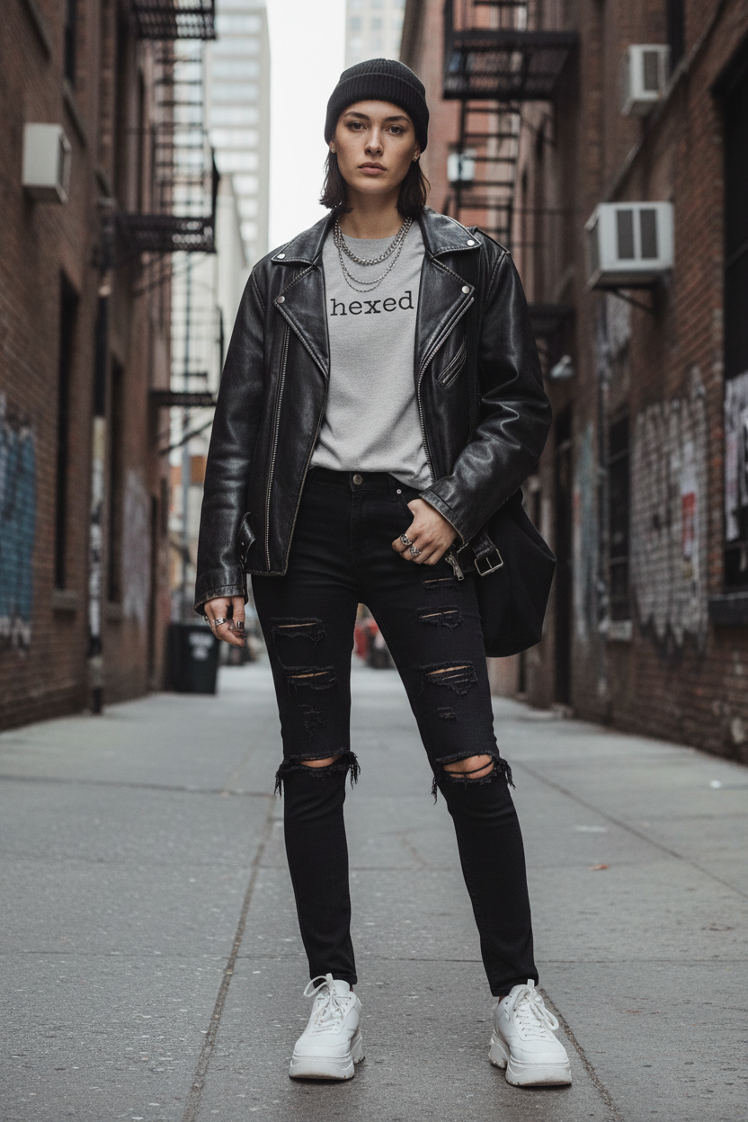 Sport grey hexed tee with leather jacket
