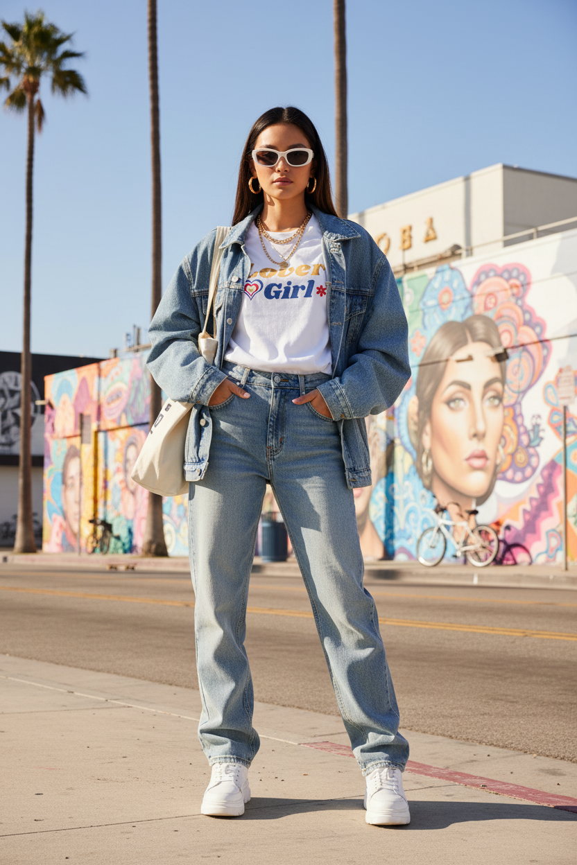 White lovergirl tee with denim jacket
